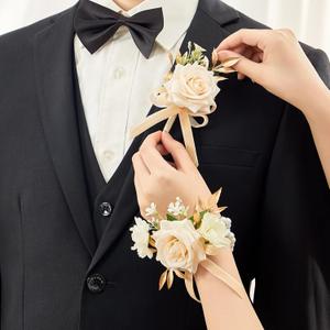 Serwalin Champagne Rose Corsage and Boutonniere Set, 2 Pcs Boutonniere and Wrist Corsage Wristlet Prom Flowers Wedding Ceremony Party Accessories Suit Decorations