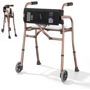 Walkers for Seniors with Seat,Front Wheel Walker Lightweight Quick Folding | Aluminum Rolling Walker with seat,Height Adjustable Standard Walker, 5"Wheels, Supports 350lbs,Compact Travel Walke (Bronze)