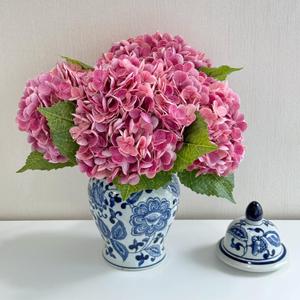 Magenta Pink 3 PCS 21in Hydrangea Artificial Flowers Latex Large Real Touch Faux Hydrangea Flowers with Stems for Home Halloween Decor Outdoor Bouquets Floral Arrangements