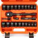 HORUSDY 1/2" Drive Shallow Impact Socket Set, 24-Piece SAE (7/16"-1") and Metric (13-24mm), 6 Point, Cr-V, Includes 1/2-Inch Drive Ratchet Handle, Drive Extension Bar