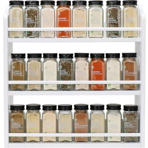 3 Tier Bamboo Spice Rack, Spice Rack Organizer, Seasoning Jars Rack Shelf Spice Organizer for Kitchen Counter or Wall Mounting, Spice Storage Holder with handles, Jars Not Included, White