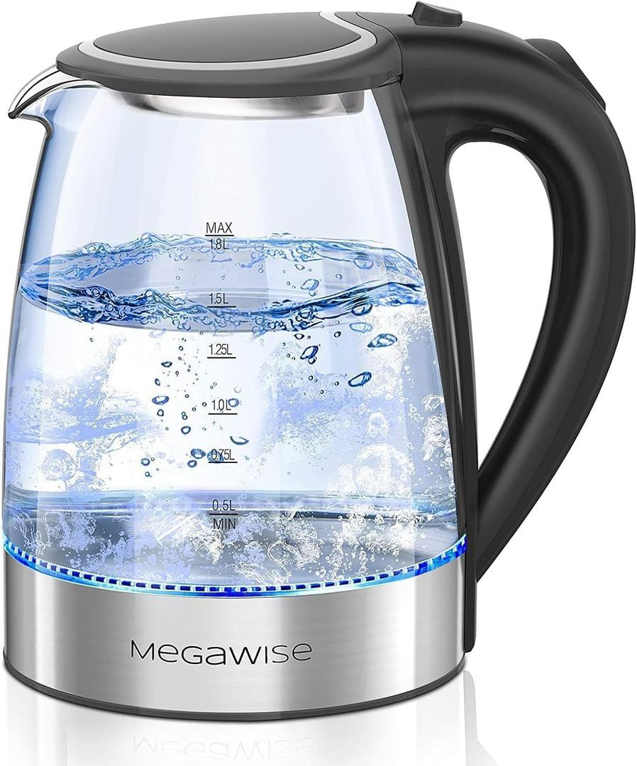 Megawise Electric Glass Kettle with Auto Shut-Off, 1.8L Capacity, 1000W Fast Boil, BPA-Free, Stainless Steel Inner Lid & Base, Blue LED Indicator, Easy Clean, Cord Storage