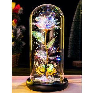 Valentines Day Rose Gifts for Her Birthday Gift for Women Galaxy Glass Rose in Glass Dome Forever Eternal Crystal Roses with Butterfly Valentines Day Gifts for Daughter Mom Wife Girlfriend Colorful