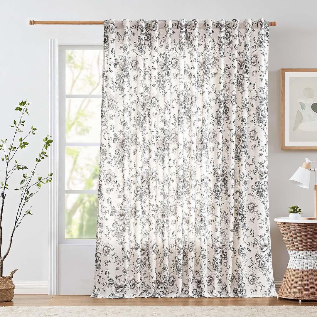 Jinchan Linen Floral Curtains 100 Inch Extra Wide for Patio Sliding Glass Door Room Divider Curtain for Living Room 96 Inch Length Farmhouse Peony Black Printed Curtain Set 1 Panel