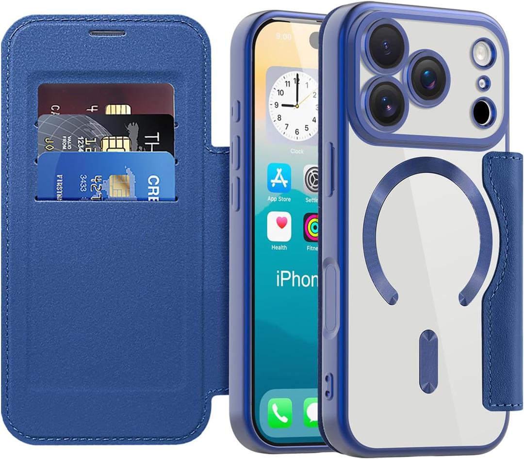 LEMAXELERS Magnetic Case for iPhone 17 Pro, Compatible with MagSafe, Flip PU Leather with Card Holder RFID Blocking Shockproof Protective Cover for Apple iPhone 17 Pro 6.3", Dark Blue WD