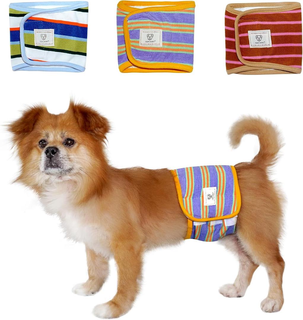 TONY HOBY Male Dog Diapers, Washable Dog Belly Band, Reusable Male Dog Wrap (3 Pack, Blue&Green, S)