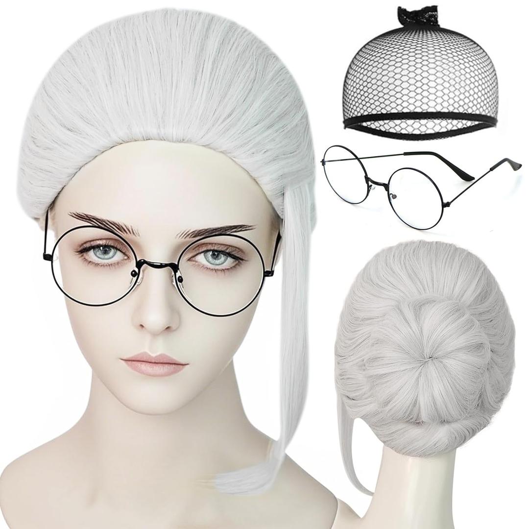White Wig with Glasses Gray Grey Wig with Bun Wigs Cosplay Wigs for Costume Halloween Party Outfit for Men Anime Cosplay+Hair Cap