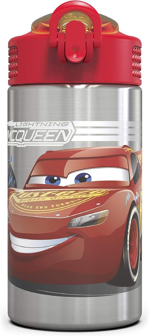 Zak Designs Disney Cars 3 - Stainless Steel Water Bottle with One Hand Operation Action Lid and Built-in Carrying Loop, Kids Water Bottle with Straw Spout is Perfect for Kids (15.5 oz, 18/8)