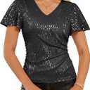 Women Sparkly Sequin Top Short Sleeve Ruffle V Neck Blouse Glitter Disco Evening Cocktail Concert Summer Shirt, Black Large