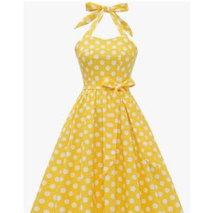 Women Halter Neck 50s Vintage Polka Dot Cocktail Swing Dress Retro Pinup 1950s Audrey Hepburn Rockabilly Prom Dress Lace Up Backless A-Line Wedding Formal Party Casual Belt Dresses Halter-Yellow SizeM