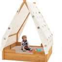 BIRASIL Triangular Wooden Sandbox with Canopy for Aged 3-8 Years Old, Sand Boxes for Backyard Garden, Sand Pit for Beach Patio Outdoor,Indoor and Outdoor Triangular Play Tent