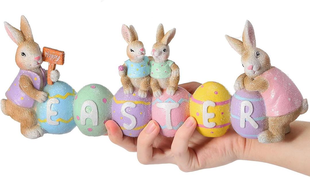 Large Easter Table Decorations 13 x 5.9 x 2 Inch Bunny with Egg Figurines Jumbo Easter Spring Sculpture Glitter Cute Bunny Colorful Egg Centerpiece for Home Indoor Easter Tabletop Decoration