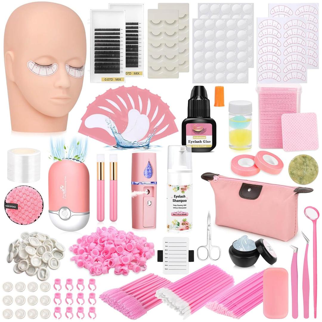 Lash Kits Extensions Kit for Beginners, Eyelash Lash Extension Kit for Beginners with Lash Mannequin Head, Lash Extension Practice Kit Starter Kit with Everything USB Fan, Lash Glue, Shampoo (Pink)