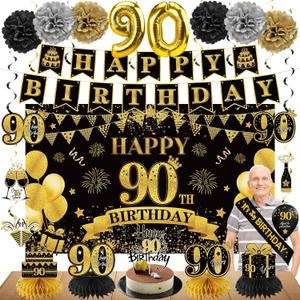 42PCS 90th Birthday Decoration Kit for Men Women, Black Gold Happy 90th Bday Banner Balloons Honeycomb Centerpiece Swirl Paper Pompoms Party Supplies, 90 Bday Sash Table Cake Topper Swirls Set