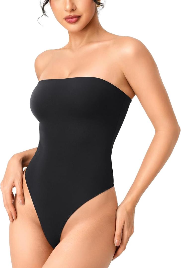 YEOREO Hyperflex Strapless Bodysuit Tube Top Off Shoulder Double Lined Thong Bodycon Slim Fit Summer Sexy Leotard (Medium, Black)