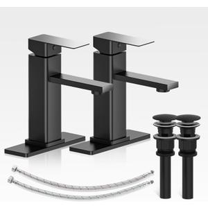 Bathroom Faucets Set with Pop Up Drain, Modern Single Handle Black Bathroom Sink Faucet w/Deck Plate(1 or 3 Hole), Farmhouse RV Vanity Sink Faucet-2 Sets, bao lavamanos Llave