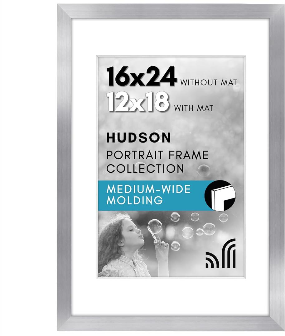 Americanflat 16x24 Poster Frame with Polished Plexiglass - Use as 12x18 Frame with Mat or Display 16x24 Photo Without Mat - Hudson Collection - Wide Picture Frames for Wall Display - Silver