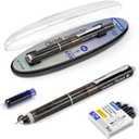 WRITECH Clictek Fountain Pen Retractable: Medium Nib Blue Ink Transparent Barrel Includes 5 Refillable Ink Cartridges, Smooth Writing No Leaking (Black)