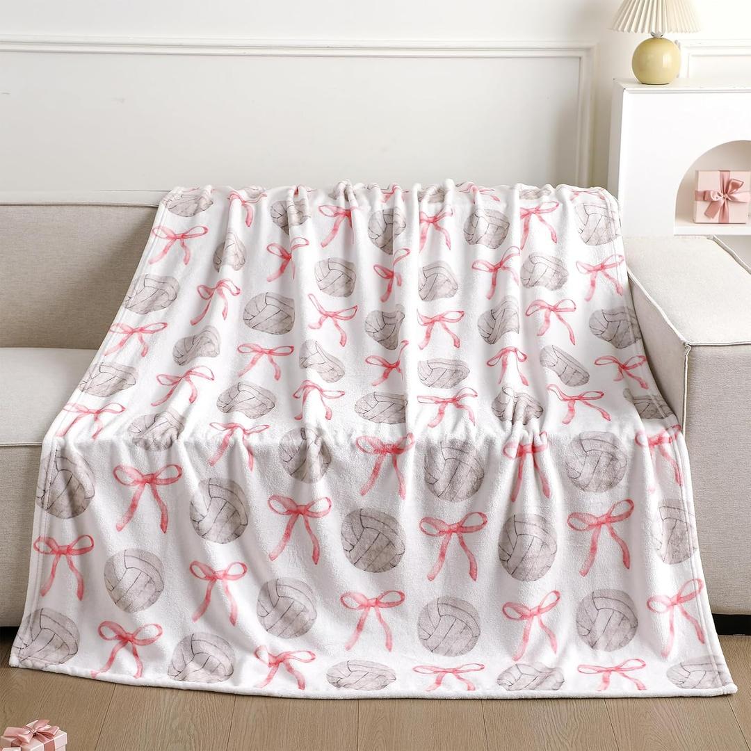 SmoothNovelty Pink Bow Volleyball Blanket for Teen Girls Cute Soft Flannel Throw Blanket Washable Aesthetic Fuzzy Fleece Throw for Couch Sofa Bed Decor, Valentine Galentines Day Gift 50 x 60inch