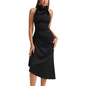 HTZMO Satin Mock Neck Backless Midi Dresses Ruched Back Tie Elegant Wedding Guest Formal Cocktail Party Dresses (Black, S)