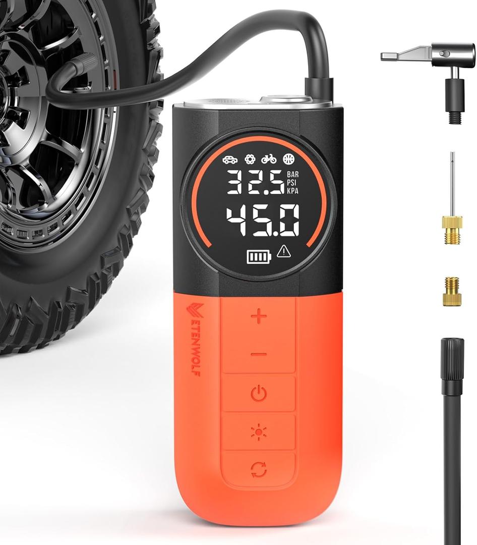 ETENWOLF S1 Tire Inflator Portable Air Compressor, 160PSI Air Pump for Car Tires, Bike, Motorcycle, Balls, Fast Inflation Tire Pump, Cordless bike Pump with LED Light & Digital Pressure Gauge (Orange)