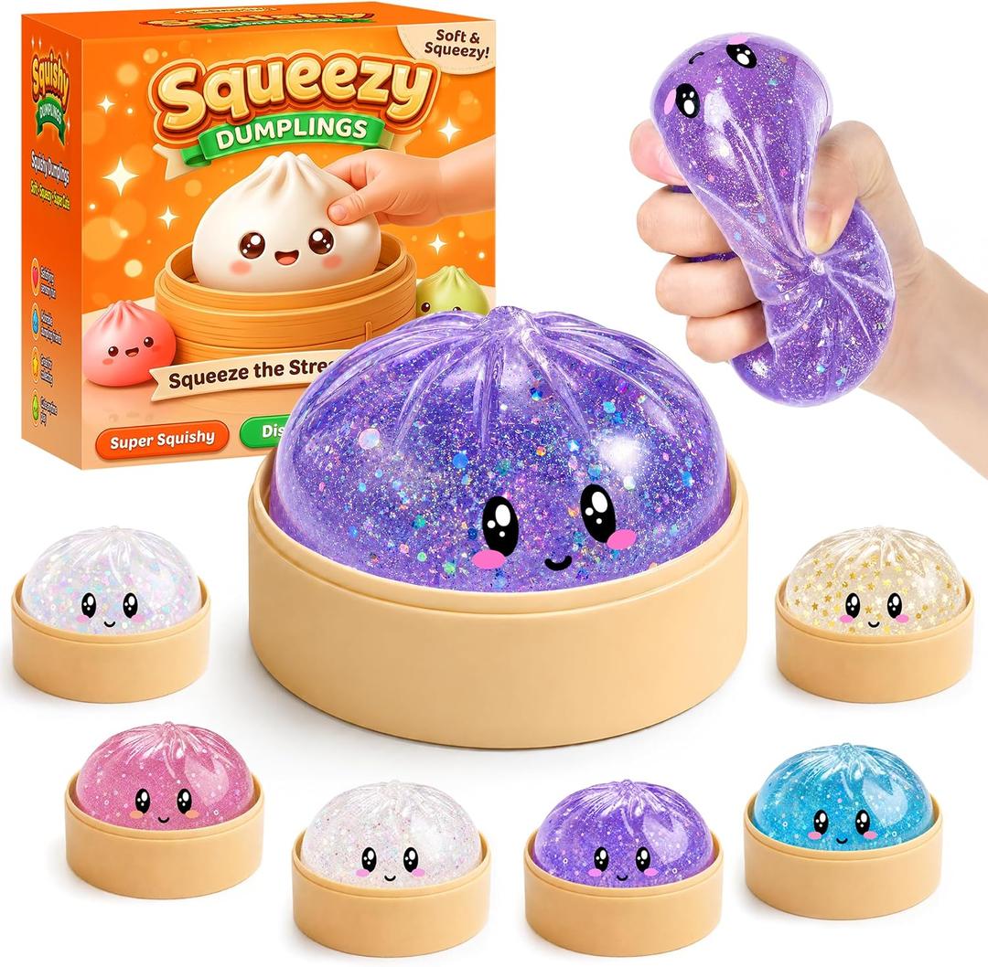 Mystery Glitter Dumpling Squishies with Steamer Box – Cute Bao Bun Stress Ball – Soft Squeeze Sensory Toy for Stress Relief – Sensory Fidget Toy Gift for Kids, Teens & Adults (Glitter Purple)