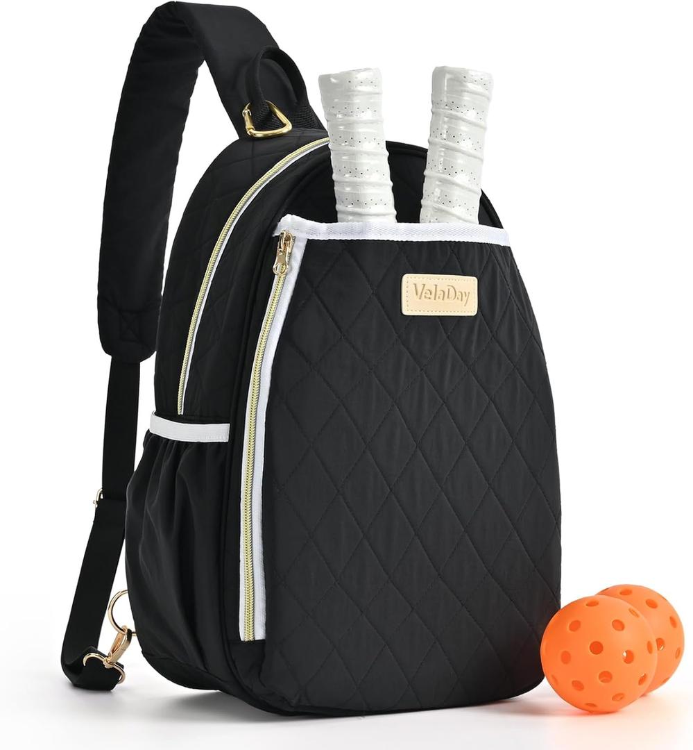 Pickleball Bag for Women, Quilted Stylish Sling Bag, Adjustable Shoulder Strap, 2 Storage Compartment Holds Paddles, Balls,Shoes (Black)