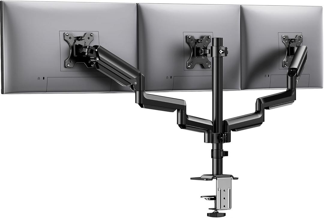 HUANUO Triple Monitor Mount for 13-27 inch Computer Screens, 3 Monitor Desk Mount with Gas Springcore Arm Holds 17.6lbs, Triple Monitors Stand with Tilt, Swivel, Rotation, VESA 75x75, 100x100mm