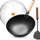 WANGYUANJI Carbon Steel Wok Pan - 12.6 Inch Flat Bottom Iron Wok, Woks & Stir-Fry Pans, Carbon Steel Pan for Induction Cookware and Gas Stoves