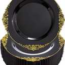Nervure 100PCS Black and Gold Plastic Plates - 10.25Inch Black Disposable Plates - Black Plastic Dinner Plates for Wedding & Parties & New Year