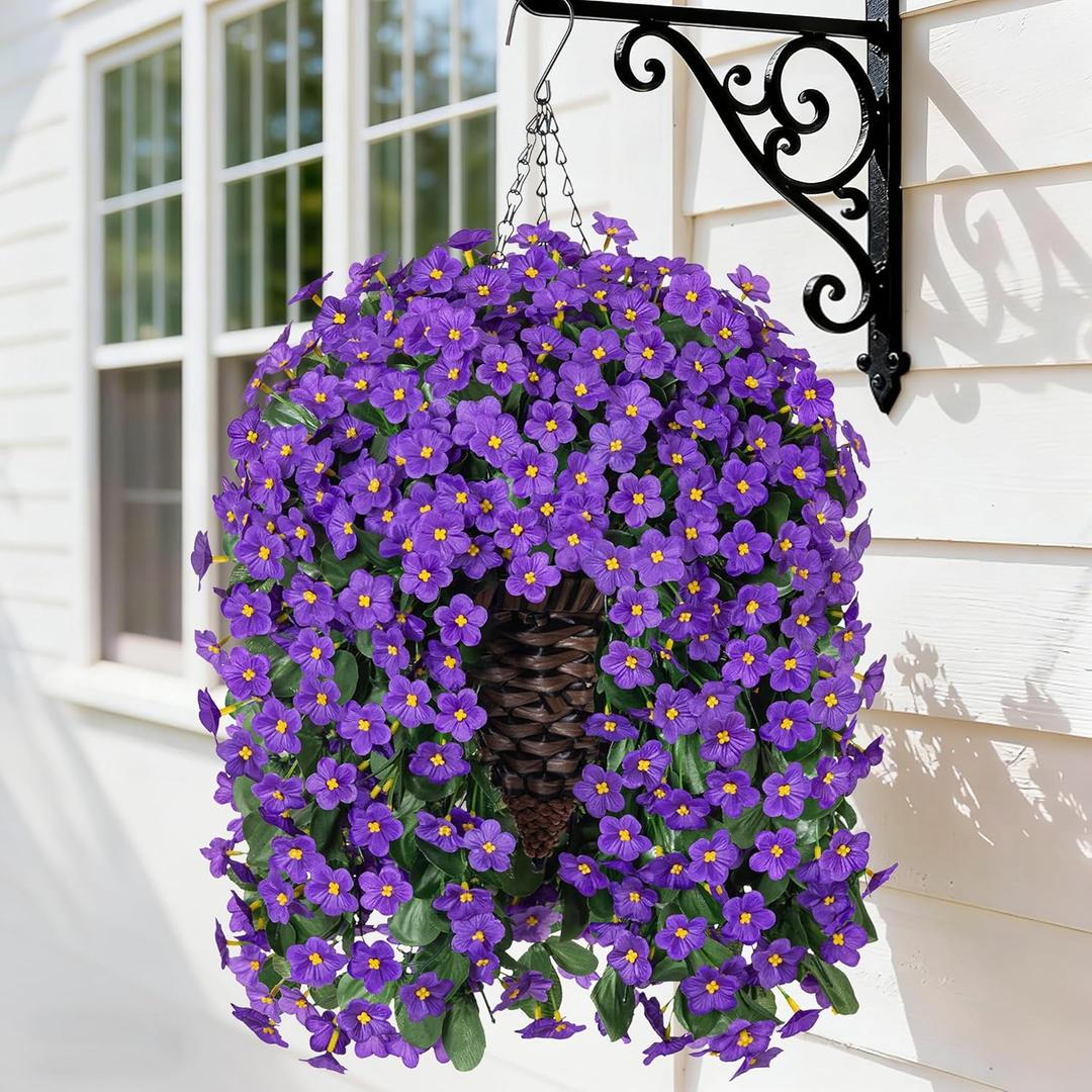 Artificial Fake Outdoor Hanging Flowers Plants Basket for Outside Porch Decoration, Fake Silk Purple Daisy Flower UV Resistant Look Real Orchid Traing Vines for Home Balcony Yard Patio Garden Decor