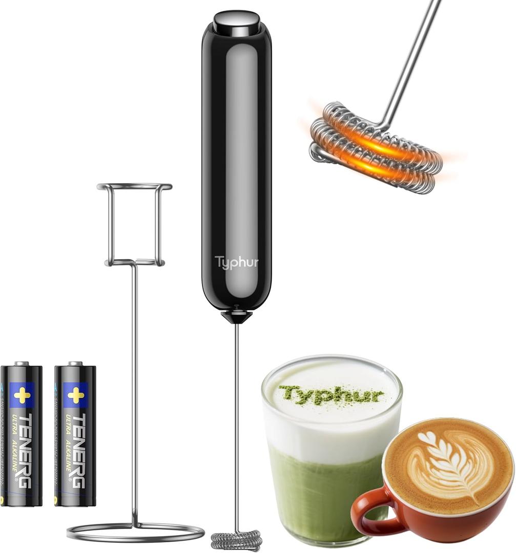 InstaWhisk Milk Frother with Variable Speed, Battery Operated Handheld Coffee Foam Frother Wand, Electric Drink Mixer with Stand & Detachable Double Whisk, Stainless Stirrer for Latte, Matcha, Protein (Black)
