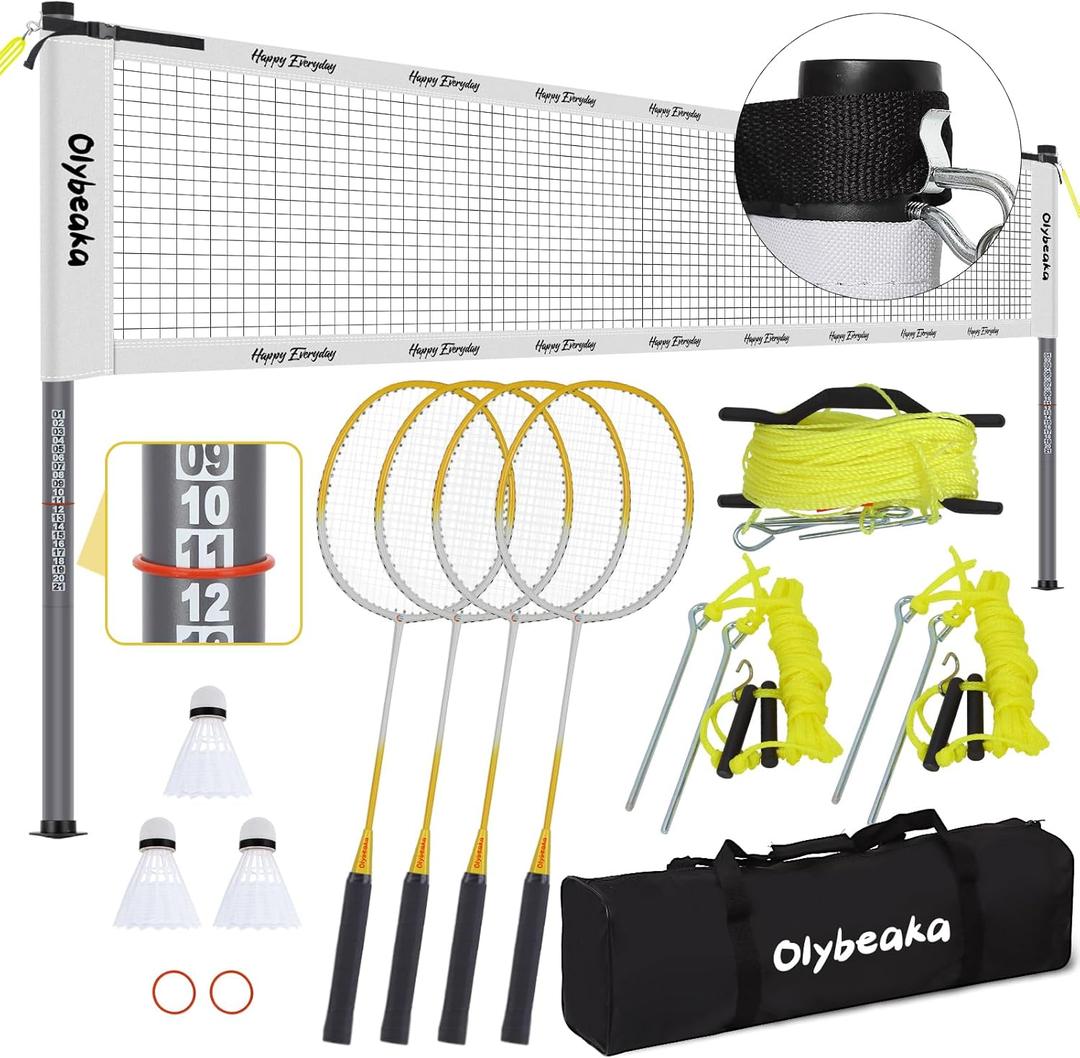 Portable Outdoor Badminton Net Set System for Backyard Lawn Beach, with Durable Net, 4 Carbon Aluminum Rackets, 3 Birdies and Carrying Bag