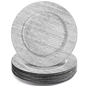Jucoan 20Pack Silver Charger Plates, 13 Inch Round Plastic Charger Plates, Decorative Silver Strip Plate Chargers for Dinner Plate, Wedding Thanksgiving Christmas Party Table Decor, Shiny Texture