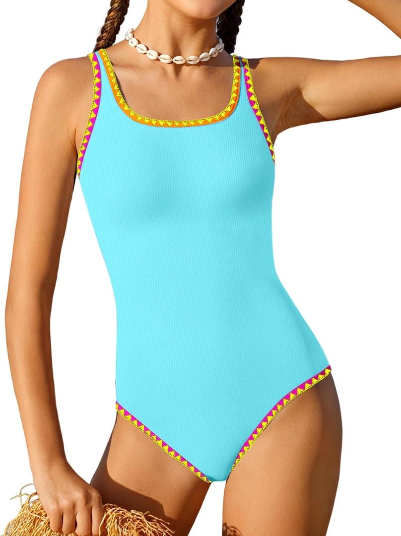 Qaoerde Girls Swimsuit One Piece Swimsuits Solid Color Bathing Suit Colorful Contrast Trim Adjustable Straps Swimwear 9-16Y (Blue, XS)