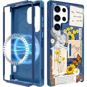 for Samsung Galaxy S24 Ultra Case - [Compatible with MagSafe] Women Cute Girls Magnetic Protective Phone Cover Blue Design Aesthetic Heavy Duty Shockproof Funda para Samsung S24 Ultra Cases (QBT)