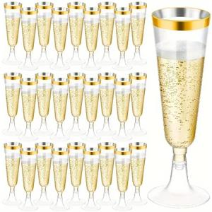 50 Pack Plastic Champagne Flutes 5.5oz Clear Gold Rim Disposable Suitable for Wedding, Birthday Party, Thanksgiving Day, Christmas Supplies