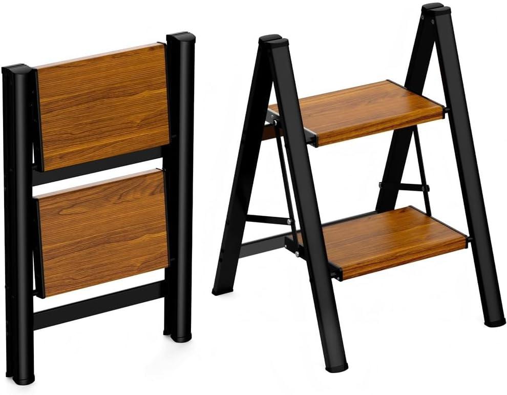 HBTower Step Ladder, Lightweight Aluminum Folding Step Stool with Anti-Slip Wide Pedal,330lbs Capacity Step Ladder for Household, Kitchen, Office - BlackWoodgrain