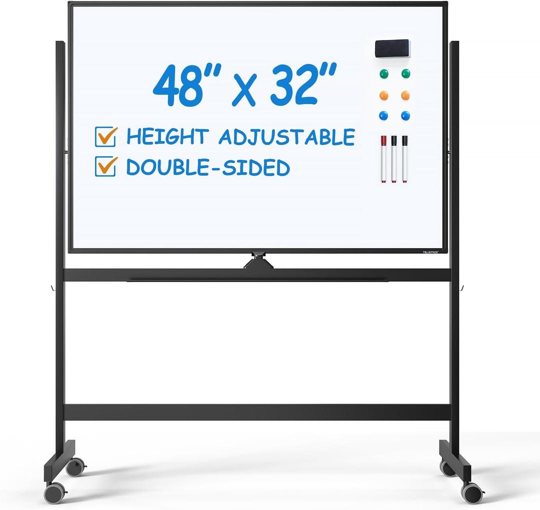 TSJ OFFICE Large Rolling Whiteboard - Dry Erase Magnetic 48 x 32 Inches White Board Height Adjust Double Sides Mobile Portable Easel on Wheels, Dry Erase Board with Stand for Office, Home & Classroom (Black)
