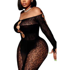 Avidlove Women Lingeries Long Sleeve Fishnet Body Stocking Leopard Sexy Outfit Rhinestone Body Suits Cut Out Jumpsuit (Black) One Size