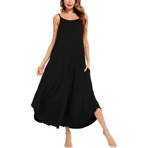 SWOMOG Women Long Nightgown Pajama Dress Soft Strap Nightdress Summer Sleeveless Nightshirt Lounge Dress with Pockets (X-Large, Black)