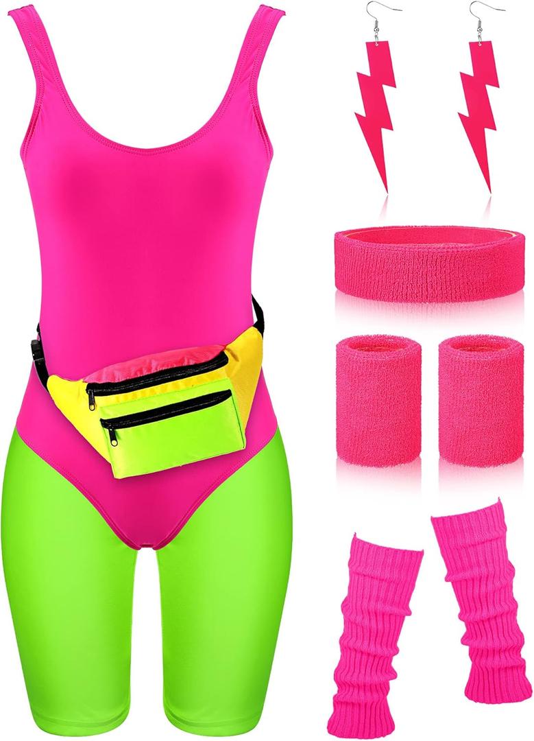 Women 80s Workout Costume Outfit Accessories Set Leggings Headband Wristbands Fanny Leg Warmers Earrings for Party (Medium, Multicolored)