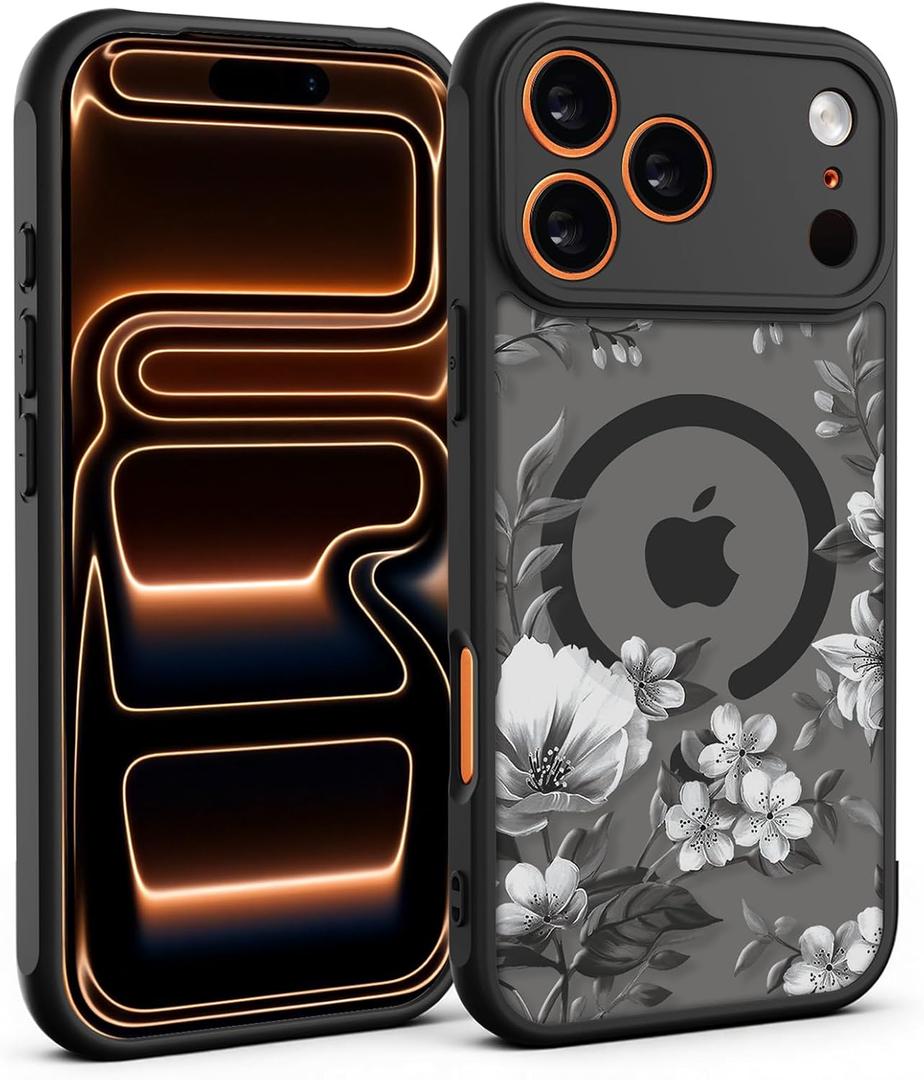for iPhone 17 Pro Case, Black Floral Flower Pattern Case [Compatible with MagSafe] [Translucent Matte] Cute Slim Shockproof Protective Women Girls iPhone Case, White Flower