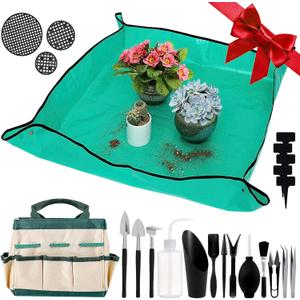 44 pcs Succulent Tool Set - 39.4" Indoor Plant Repotting Mat and 19 Pcs Mini Gardening Hand Tools Bag, Garden Plants Transplanting Supplies for Women Gardener Gifts Outdoor, Green