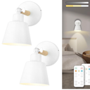 White Battery Operated Wall Sconce Set of Two, Easy to Install Wireless Lights for Wall, Remote Control Dimmable LED Lights, Auto Timer Wall Lamp Fixtures for Bedroom, Gallery, Living Room, RV…