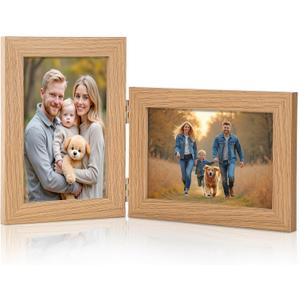 5x7 Double Hinged Picture Frame - WoodGrain Foldable Photo Frame with Real Glass, Adjustable Vertical & Horizontal Display for Tabletop, Nice Gift for Memories & Dcor (WGD7)