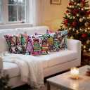 Preppy Retro Pink Christmas Pillow Covers 18x18 Set of 4, Kids Room Christmas Decor, Funny Xmas Tree Town Highland Cow Gnome Decorative Throw Pillow Covers Pillowcases for Home Kids Bedroom