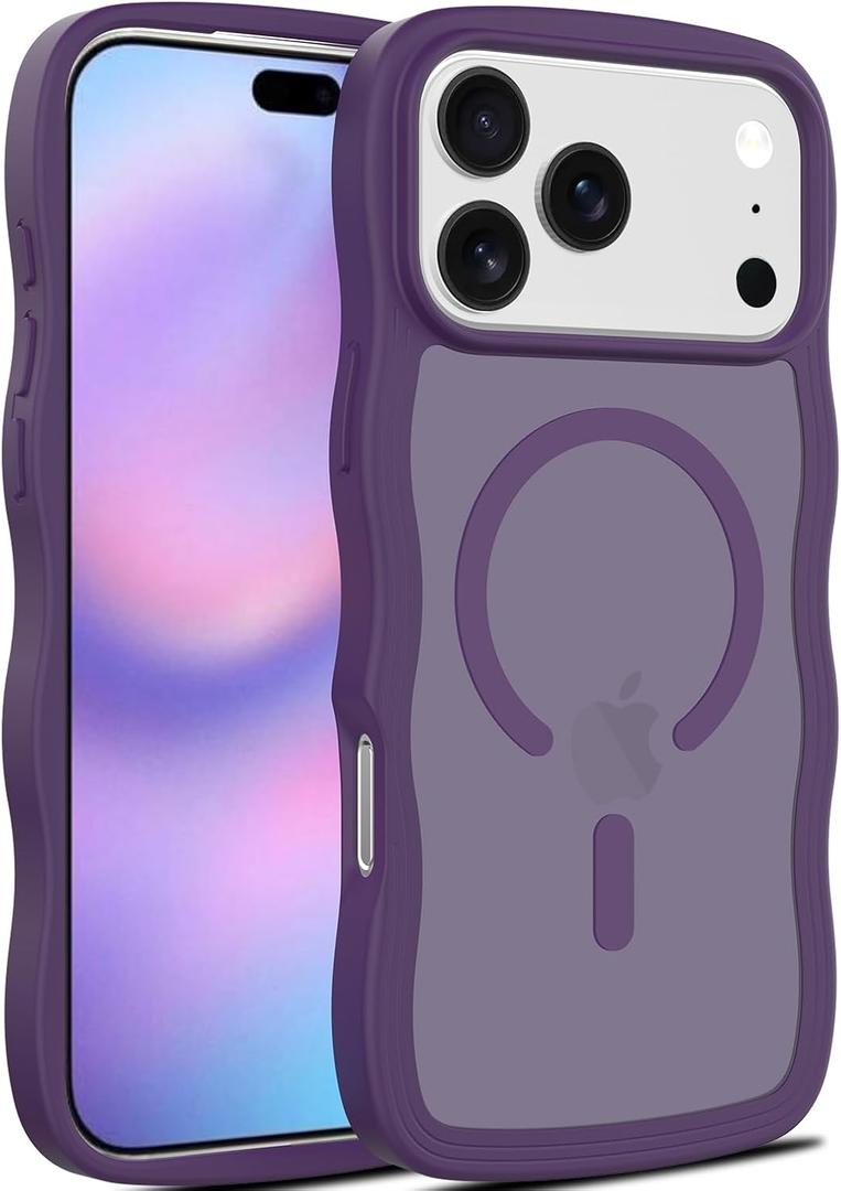 Magnetic for iPhone 17 Pro Max Case, (Compatible with Magsafe) Curly Wavy Frame Hard Translucent Matte Clear Back Cover for Women Men TPU Bumper Shockproof Phone Case (Purple)