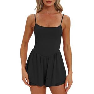 Beaully Women's Summer One Piece Sleeveless Rompers Spaghetti Strap Double Lined Shorts Overalls Jumpsuit 6110 Black L