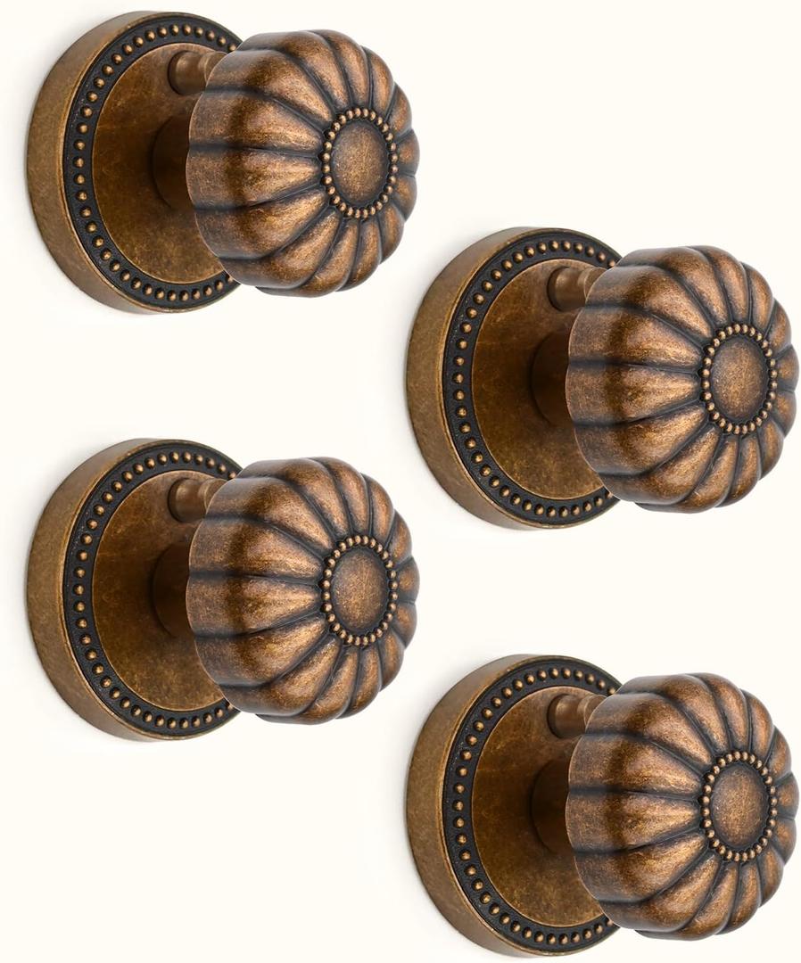 Asidrama 4 Pack Antique Brass Privacy Door Knobs with Lock, Vintage Door Handles with Antique Brass Door Knobs Interior for Bedroom or Bathroom, Heavy Duty Door Lever for Left Right Sided Doors 211